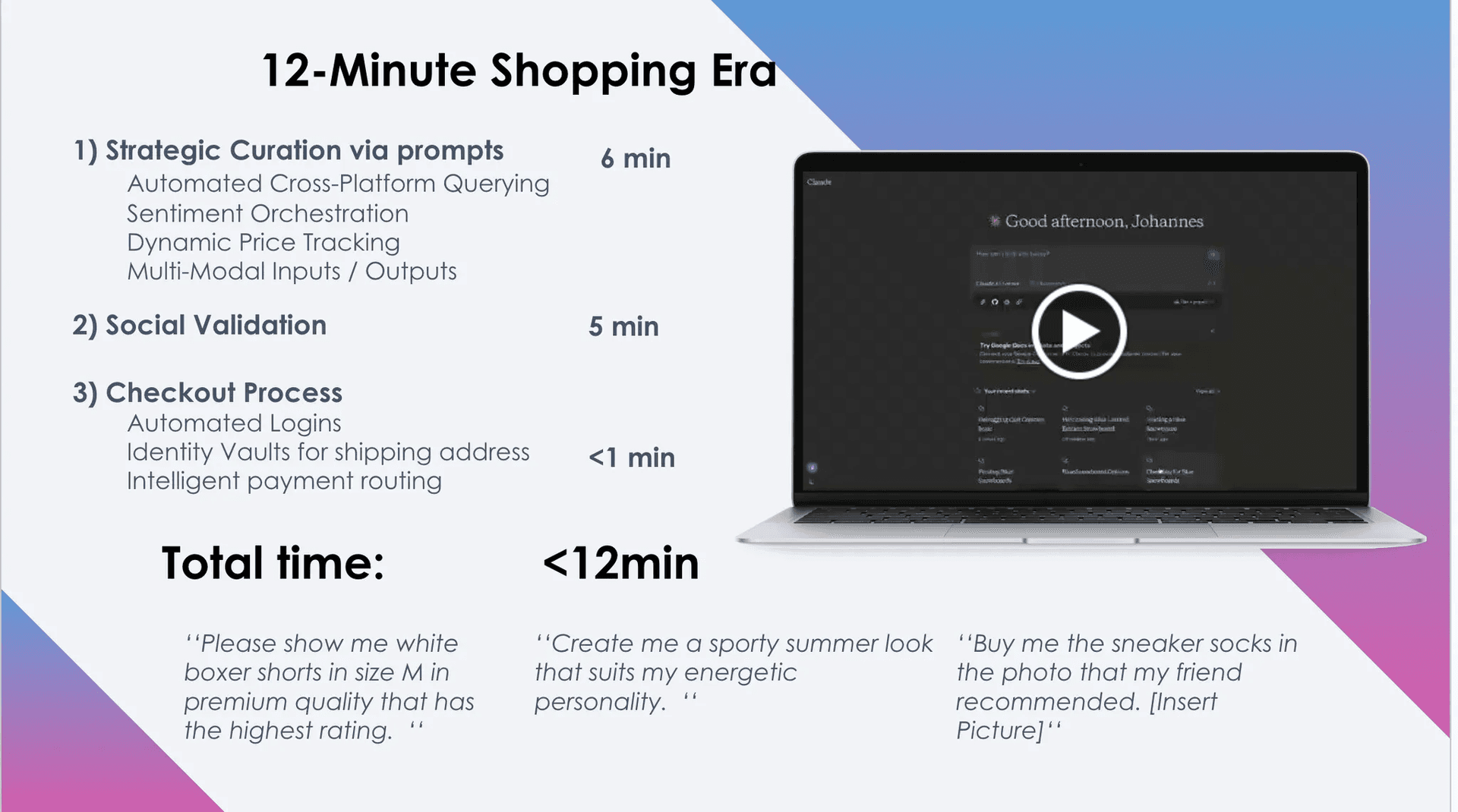 "12-Minute Shopping Era" concept showing AI-powered shopping flow: Strategic Curation, Social Validation, and Automated Checkout with example prompts