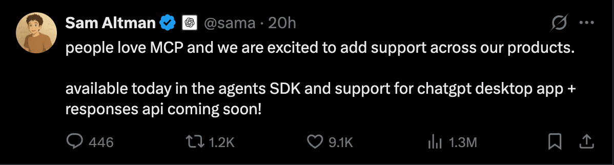 Social media post from Sam Altman announcing MCP support across products, now in agents SDK, coming to ChatGPT app + API