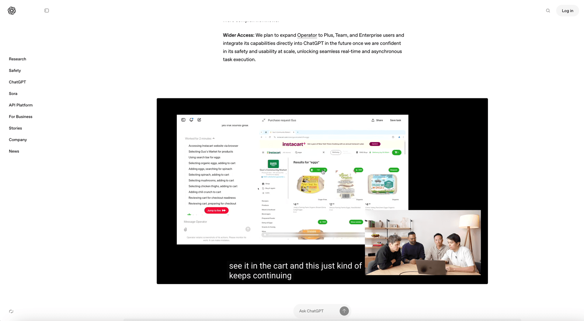 Screenshot from the OpenAI website showing their Operator Launch video of Sam Altman with subtitles.